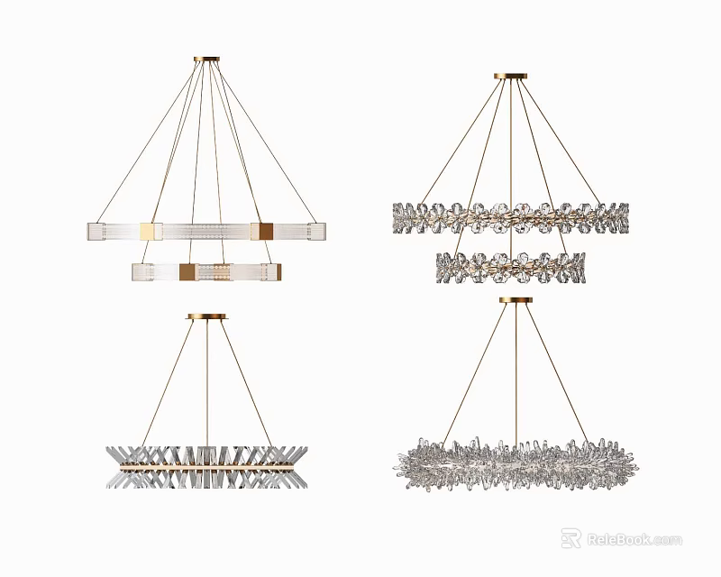 Modern Crystal Chandeliers with Golden Metal Frames and Decorative Crystal Designs 3d model 