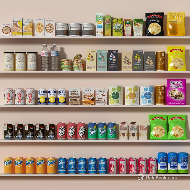 Beverages Display On Shelves With Various Canned Bottled And Packaged Drinks 3d model 