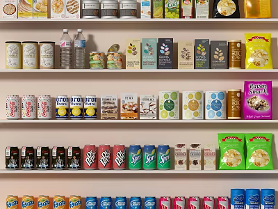 Beverages Display On Shelves With Various Canned Bottled And Packaged Drinks 3d model