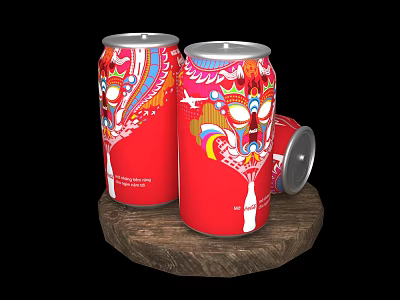 Vibrant Red Beverage Cans With Colorful Mask Patterns On Wooden Base 3d model