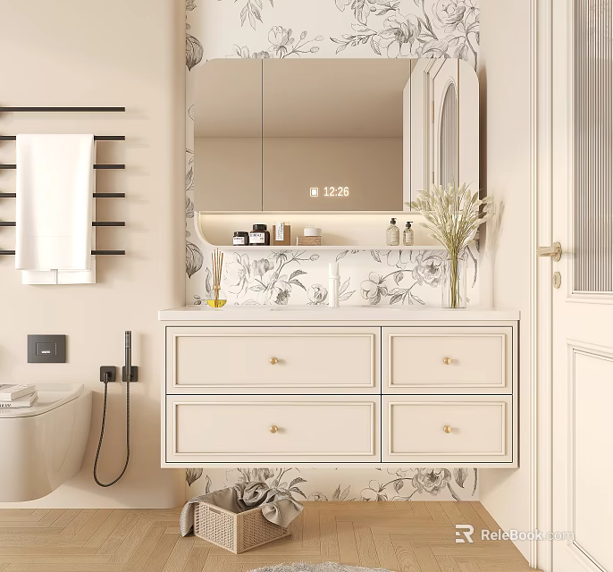 Bathroom Vanity Cabinet With White Drawers Mirror Above Floral Pattern Wall Towel Rack And Toiletries 3d model 