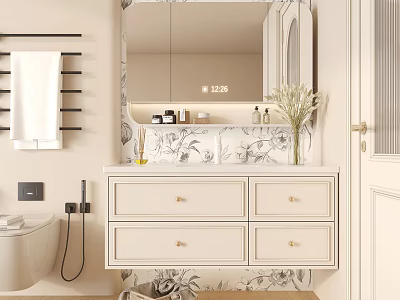 Bathroom Vanity Cabinet With White Drawers Mirror Above Floral Pattern Wall Towel Rack And Toiletries 3d model