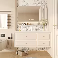 Bathroom Vanity Cabinet With White Drawers Mirror Above Floral Pattern Wall Towel Rack And Toiletries