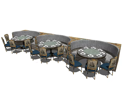 Public Chairs Arranged Around Round Tables In Indoor Dining Area With Comfortable Design 3d model