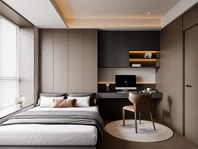 Modern Tatami Bedroom Interior Design With Bed Desk Computer Chair And Wooden Shelves 3d model