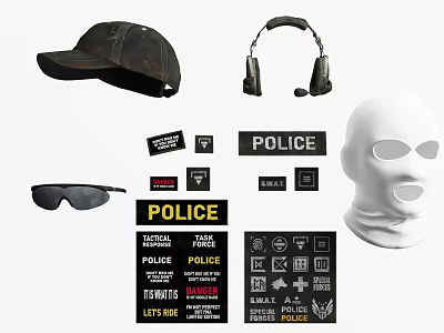 Essential Police Gear With Tactical Cap Headphones Mask Sunglasses Badges And Patches 3d model