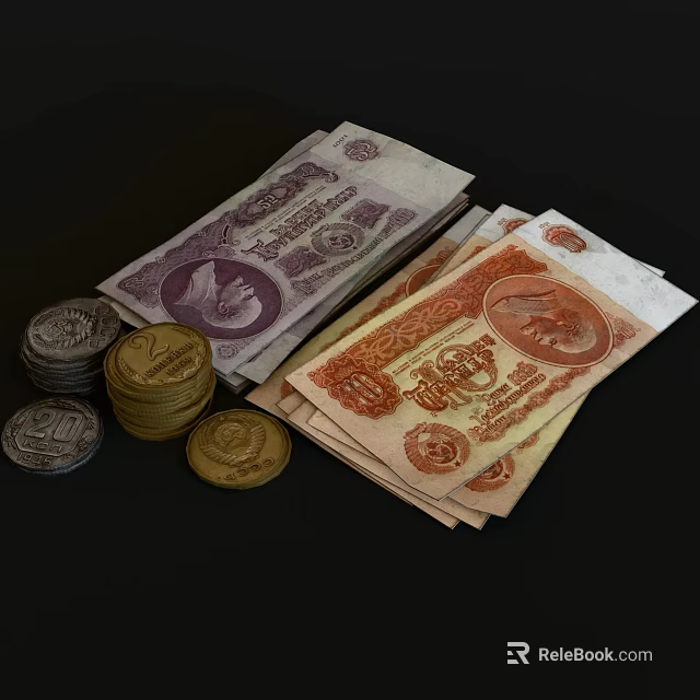 Daily Necessities With Stacked Banknotes And Various Coins On Black Background 3d model 