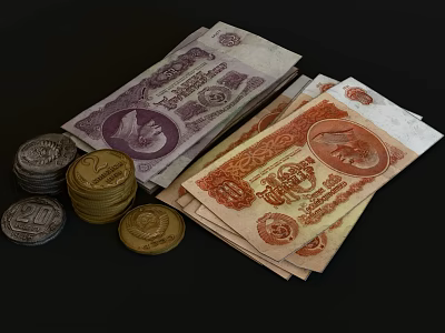 Daily Necessities With Stacked Banknotes And Various Coins On Black Background 3d model