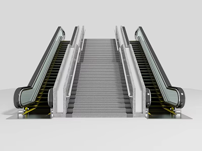 Modern Paired Escalators With Metal Frame Glass Sides And Central Staircase Design 3d model