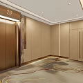 Elegant Modern Elevator Hallway Interior With Wooden Doors And Patterned Carpet 3d model