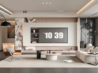 Modern Living Room With Marble Accent Wall Wooden Paneling Beige Sofa Brown Chair And Plants 3d model