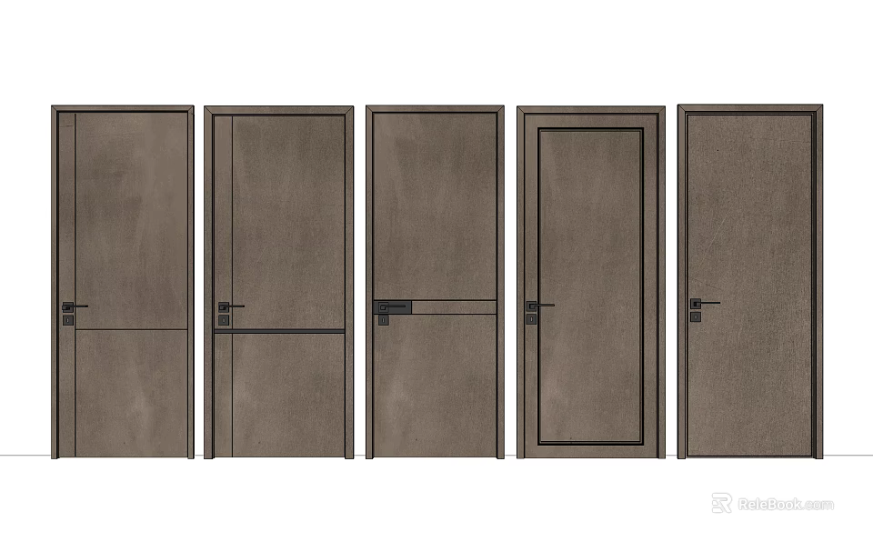 Modern Dark Brown Interior Hinged Doors Featuring Different Stylish Panel Designs 3d model