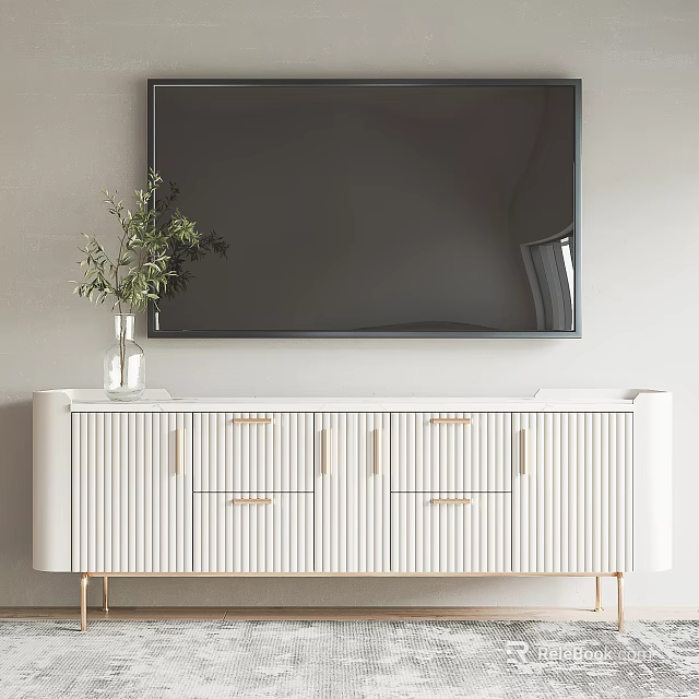 White TV Stand With Vertical Slats Gold Legs Vase Green Plant And TV On Wall 3d model 