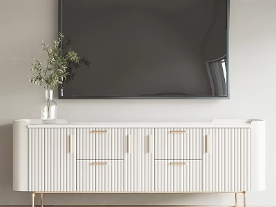 White TV Stand With Vertical Slats Gold Legs Vase Green Plant And TV On Wall 3d model