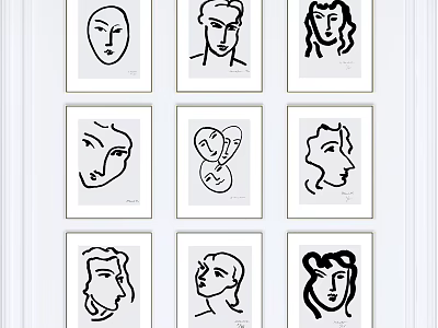 Abstract Line Portrait Artworks Nine Framed Modern Wall Decor Pieces 3d model