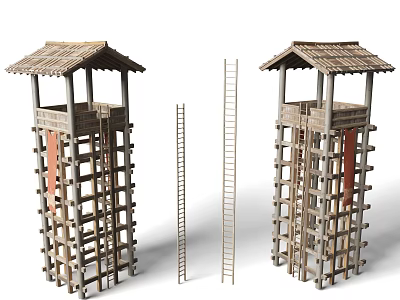 Traditional Ancient Architectural Towers With Wooden Structure Thatched Roofs And Ladders 3d model