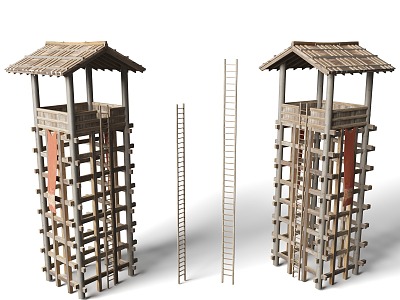 Chinese style watchtower, defense tower, ancient architecture, Chinese style wood staircase 3d model