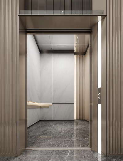 Modern Elevator Interior Design With Marble Walls Metal Accents And Control Panel 3d model