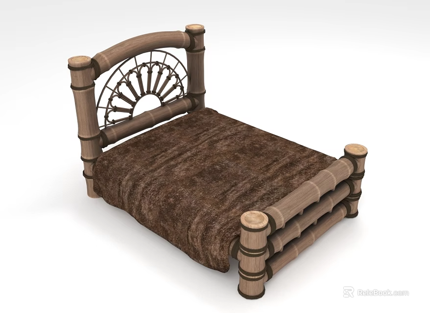 Vintage Wooden Bed With Decorative Spoked Headboard And Brown Mattress 3d model 