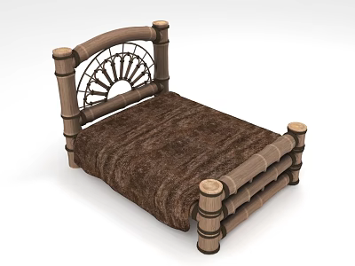 Vintage Wooden Bed With Decorative Spoked Headboard And Brown Mattress 3d model