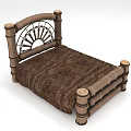 Vintage Wooden Bed With Decorative Spoked Headboard And Brown Mattress