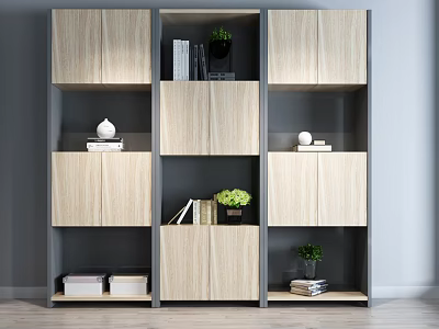 Modern Light Wooden Bookcase Design With Open Shelves Cabinets Books And Green Plants 3d model