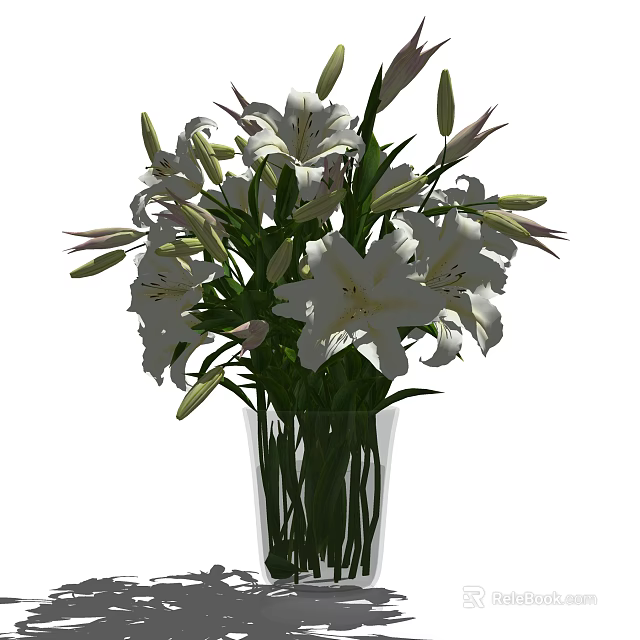 White Lily Flowers In Clear Glass Vase With Fresh Green Leaves Arrangement 3d model 