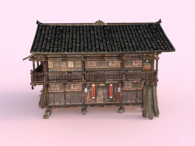 Traditional Chinese Wooden Stilted Building With Black Tile Roof And Red Decorations 3d model