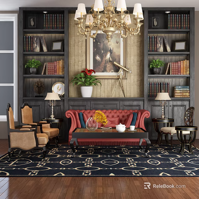 Elegant Red Sofa And Coffee Table Set With Bookshelves Chandelier Decorative Painting And Rug 3d model 
