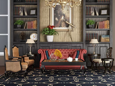 Elegant Red Sofa And Coffee Table Set With Bookshelves Chandelier Decorative Painting And Rug 3d model