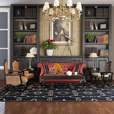 Elegant Red Sofa And Coffee Table Set With Bookshelves Chandelier Decorative Painting And Rug 3d model