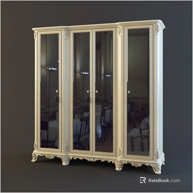 Elegant Classic White Wardrobe With Mirror Doors And Ornate Carved Details 3d model 