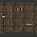 Textured Wooden Bookcase with Multiple Shelves Holding Books Mugs and Small Decorative Items