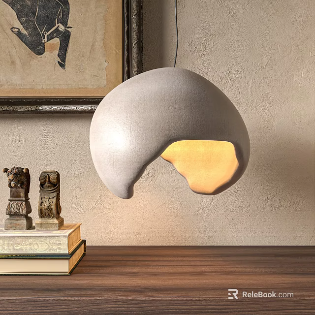 Modern Gray Pendant Light With Warm Glow Over Wooden Table And Decorative Statues 3d model 