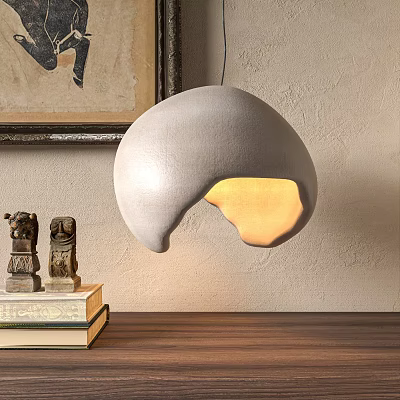 Modern Gray Pendant Light With Warm Glow Over Wooden Table And Decorative Statues 3d model
