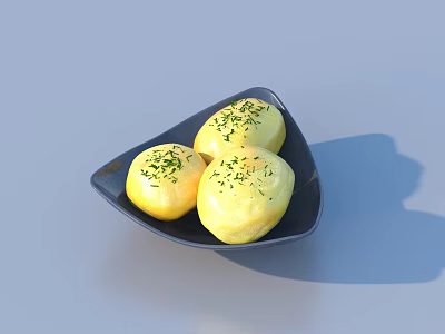 Golden Soft Buns On Black Triangular Plate With Fresh Green Herbs 3d model
