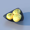 Golden Soft Buns On Black Triangular Plate With Fresh Green Herbs 3d model