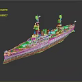 Detailed 3D Warship Model With Battleship Deck Turrets Masts And Flags