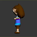 3D Cartoon Child With Brown Hair Blue Shirt Purple Stripes And Brown Shorts Arms Outstretched