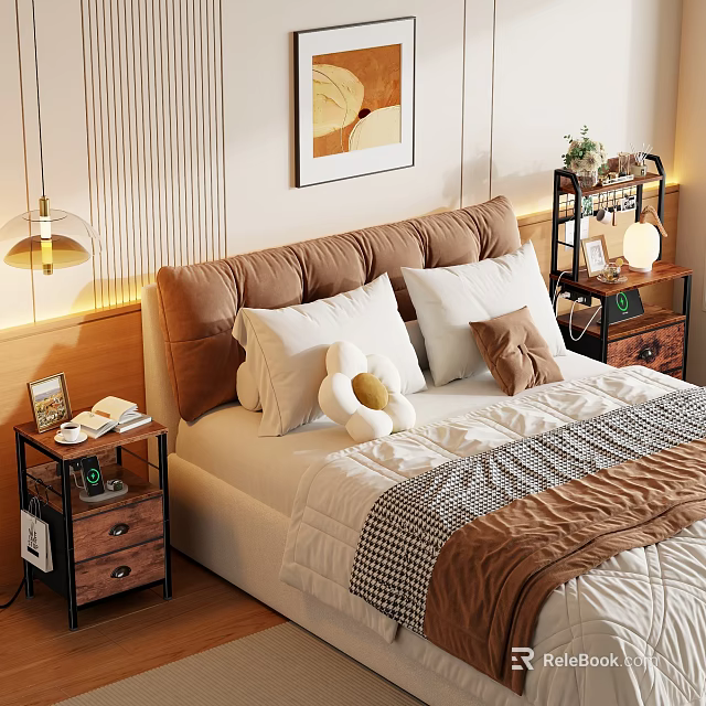 Cozy Bedroom Interior With Stylish Shelf For Decorative Items And Storage 3d model 