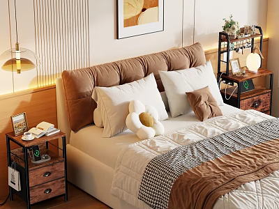Cozy Bedroom Interior With Stylish Shelf For Decorative Items And Storage 3d model