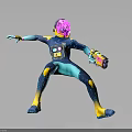 Sci Fi Character in Action Pose with Pink Helmet Teal Body and Colorful Weapon