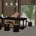 Elegant Chinese Style Tea Table and Chairs with Wooden Stools Pendant Light and Green Plants