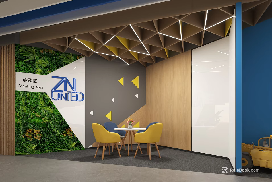 Modern Lounge Area Design With Living Plant Wall Geometric Ceiling Wooden Wall And Yellow Chairs 3d model 
