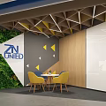 Modern Lounge Area Design With Living Plant Wall Geometric Ceiling Wooden Wall And Yellow Chairs
