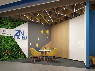 Modern Lounge Area Design With Living Plant Wall Geometric Ceiling Wooden Wall And Yellow Chairs 3d model