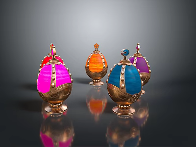 Woman Showcasing Vibrant Decorative Eggs With Gold Trims On Dark Surface 3d model