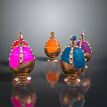 Woman Showcasing Vibrant Decorative Eggs With Gold Trims On Dark Surface