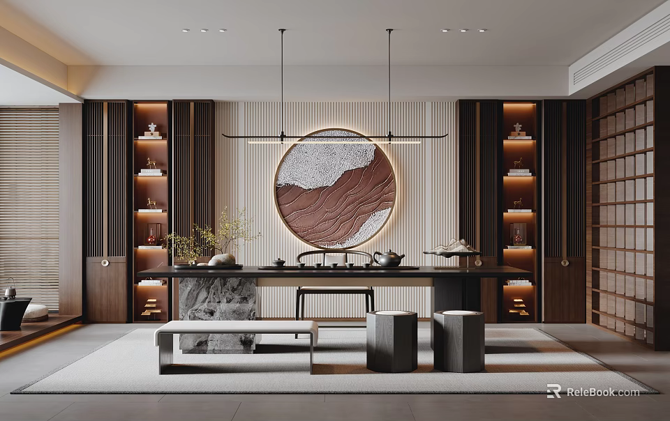 Modern Chinese Tea Room Interior With Circular Decorative Painting Wooden Shelves And Tea Sets 3d model 