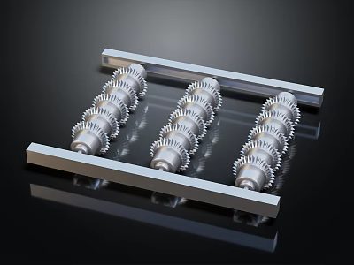 Hardware Tools Silver Gears Arranged On Metal Bars With Black Reflective Surface 3d model